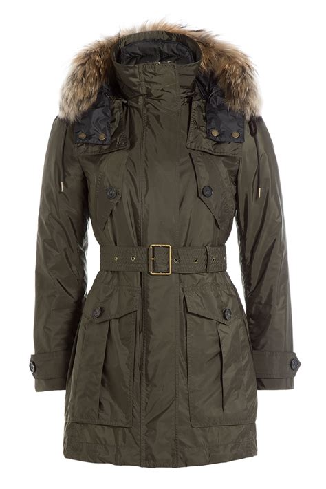 fur hood green burberry parka|Long Faux Fur Trim Cotton Parka in Loch .